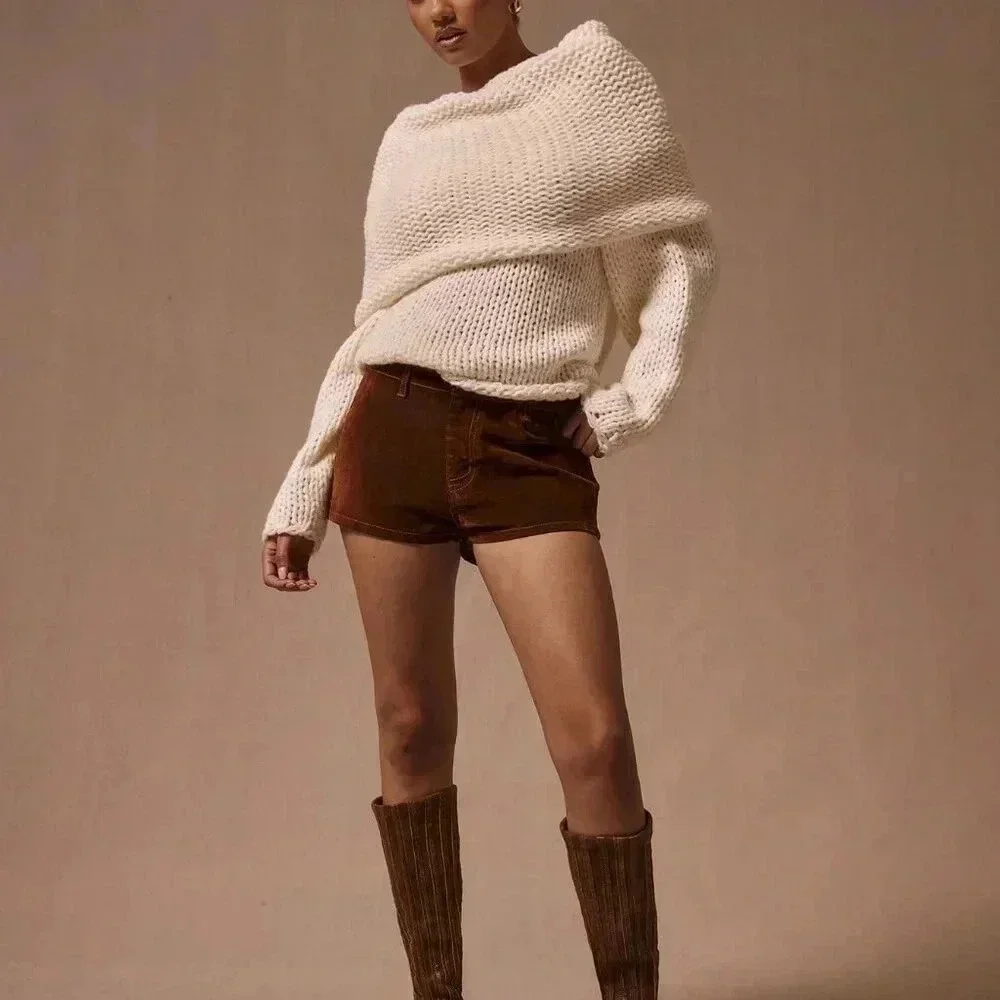 Cream Casual Women's Oversized Foldover Boat Neck Knit Jumper